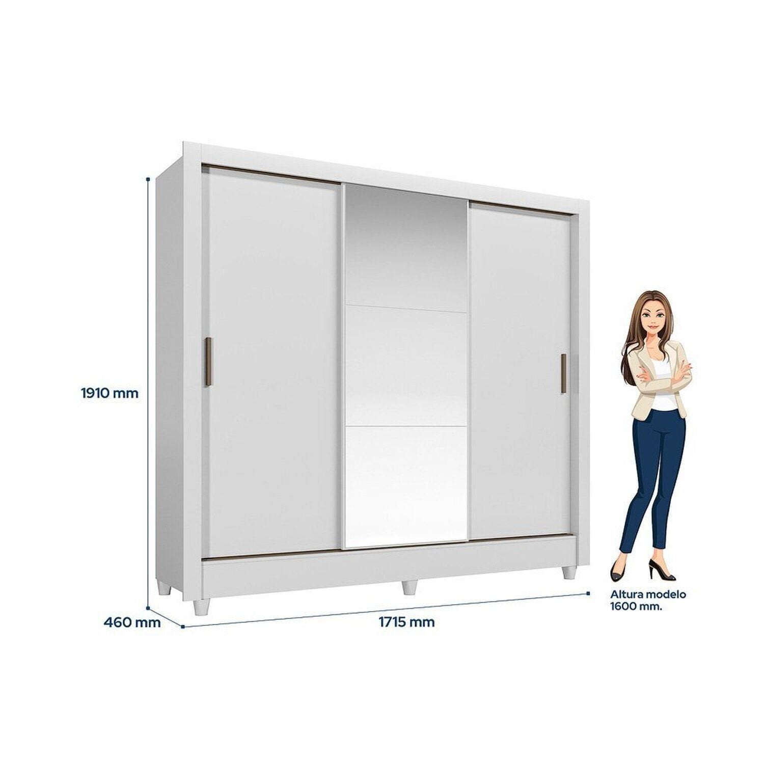 Guarda-Roupa Solteiro 3 Portas de Correr com Espelho 2 Gavetas Roma Santos Andirá 100% MDF Branco