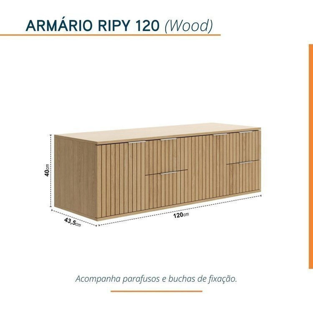 Conjunto para Banheiro Bancada em Porcelanato com Cuba Esculpida, Armário e Espelho Ripy Bumi 120cm Amarelo/Wood/Travertino