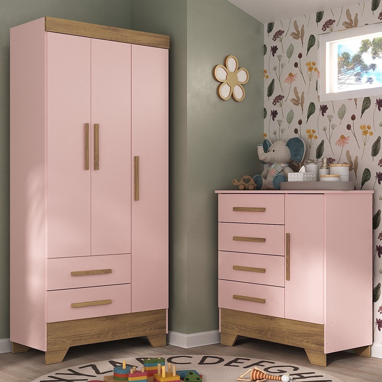 Quarto Infantil Completo Guarda-Roupa 3 Portas 2 Gavetas com Cômoda Selene Espresso Móveis