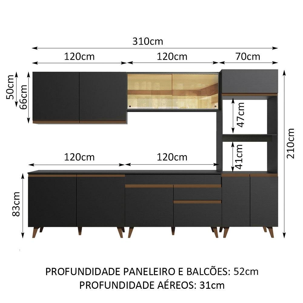 Armário de Cozinha Completa 310cm Preto Reims Madesa 01