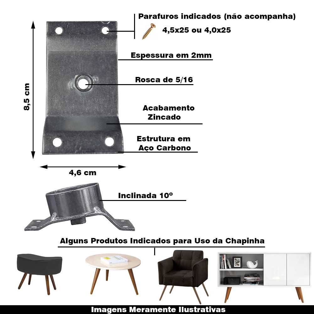 Kit 14 Chapinhas Chapa Inclinada 10º com Tubo Fixação Pés Palito Rosca 5/16 Zincada Gran Belo
