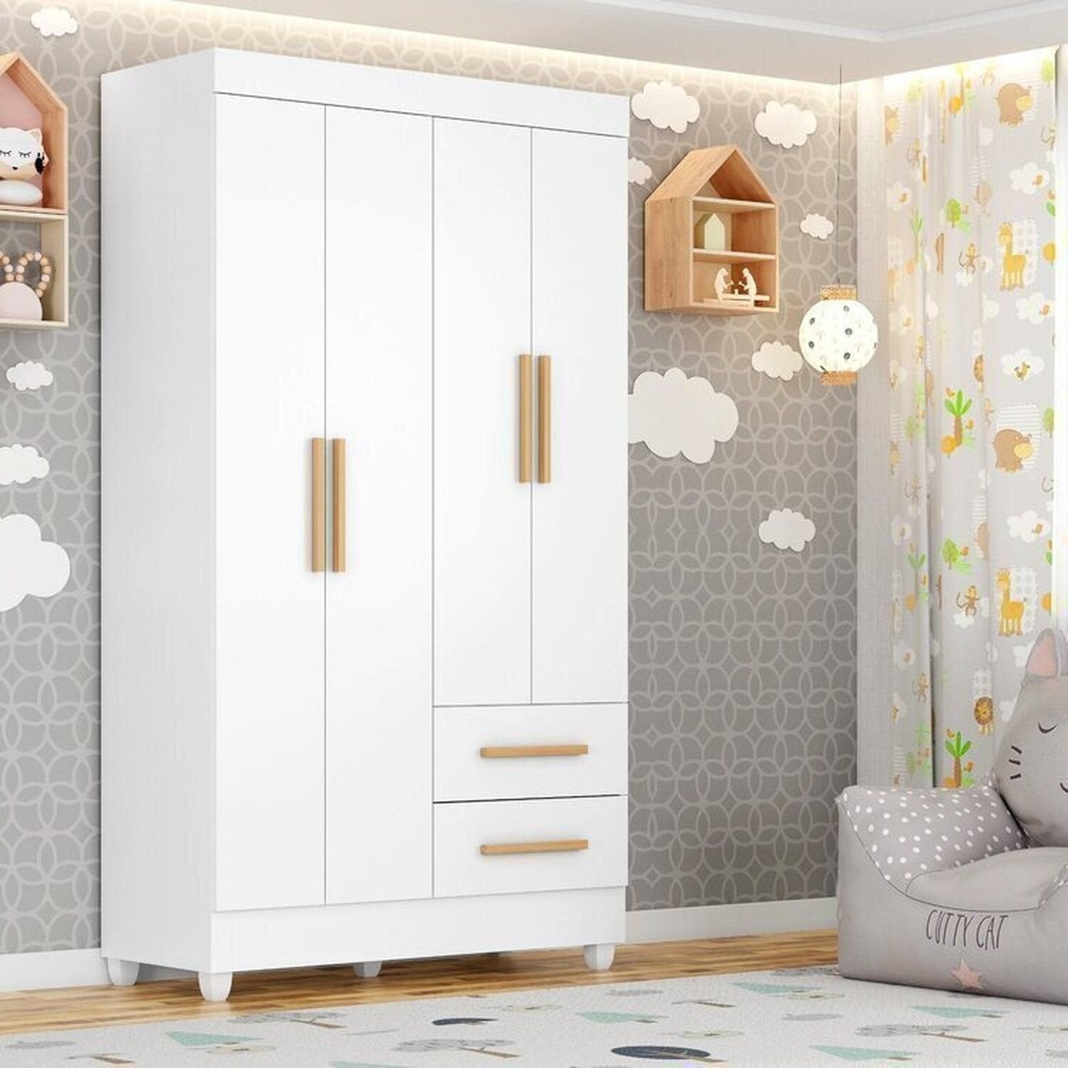 Quarto Bebê Infantil com Guarda-Roupa 4 Portas e 2 Gavetas e Cômoda 4 Gavetas Branco Móveis Leão