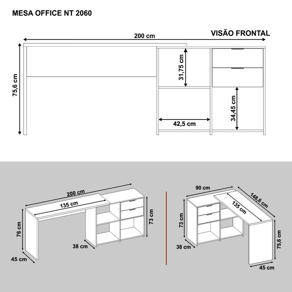 Escrivaninha Mesa Escritório em L Office Nt 2060 2 Gavetas 3 Nichos 148,6cm Notável Móveis Freijó Trend Marrom