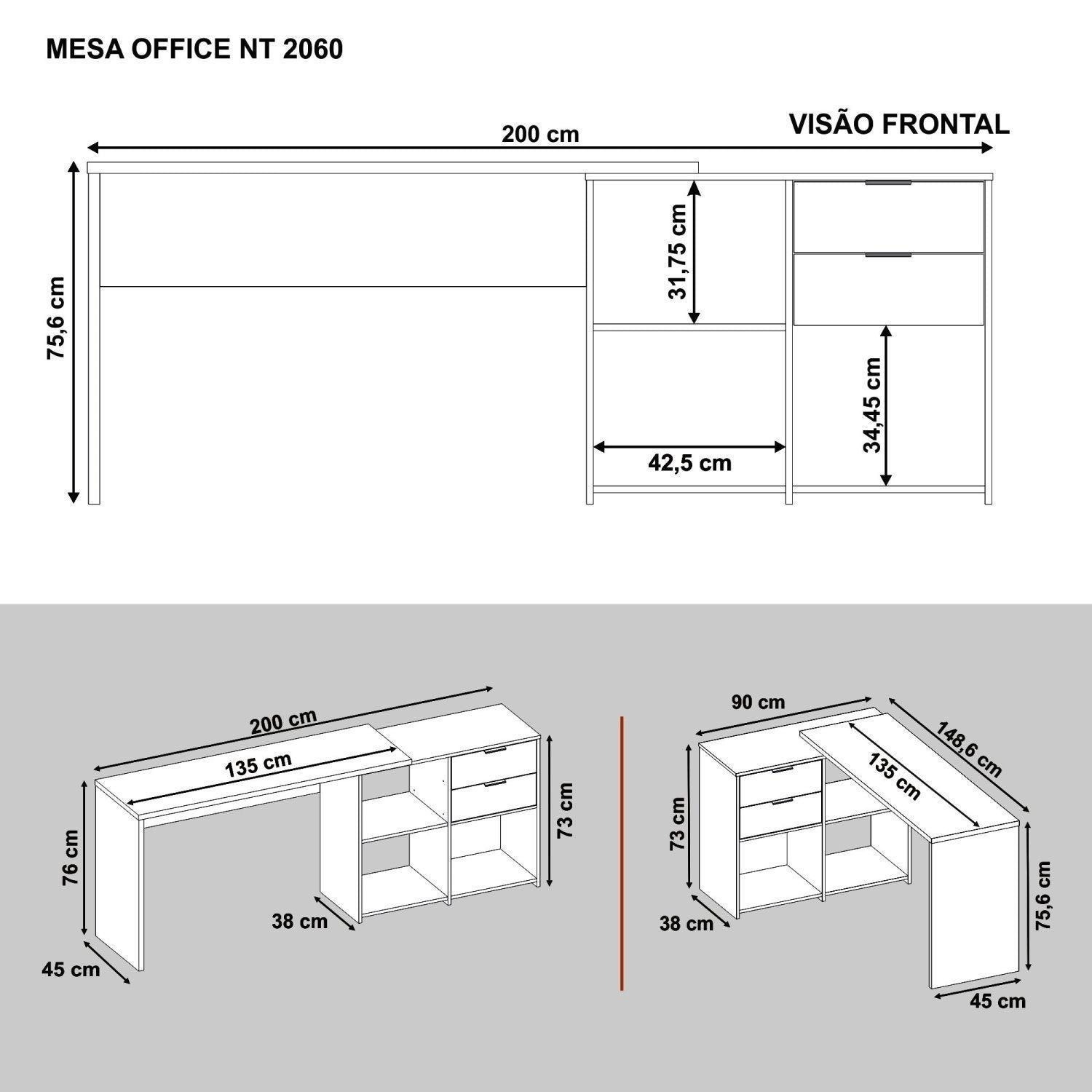 Escrivaninha Mesa Escritório em L Office Nt 2060 2 Gavetas 3 Nichos 148,6cm Notável Móveis Freijó Trend Marrom