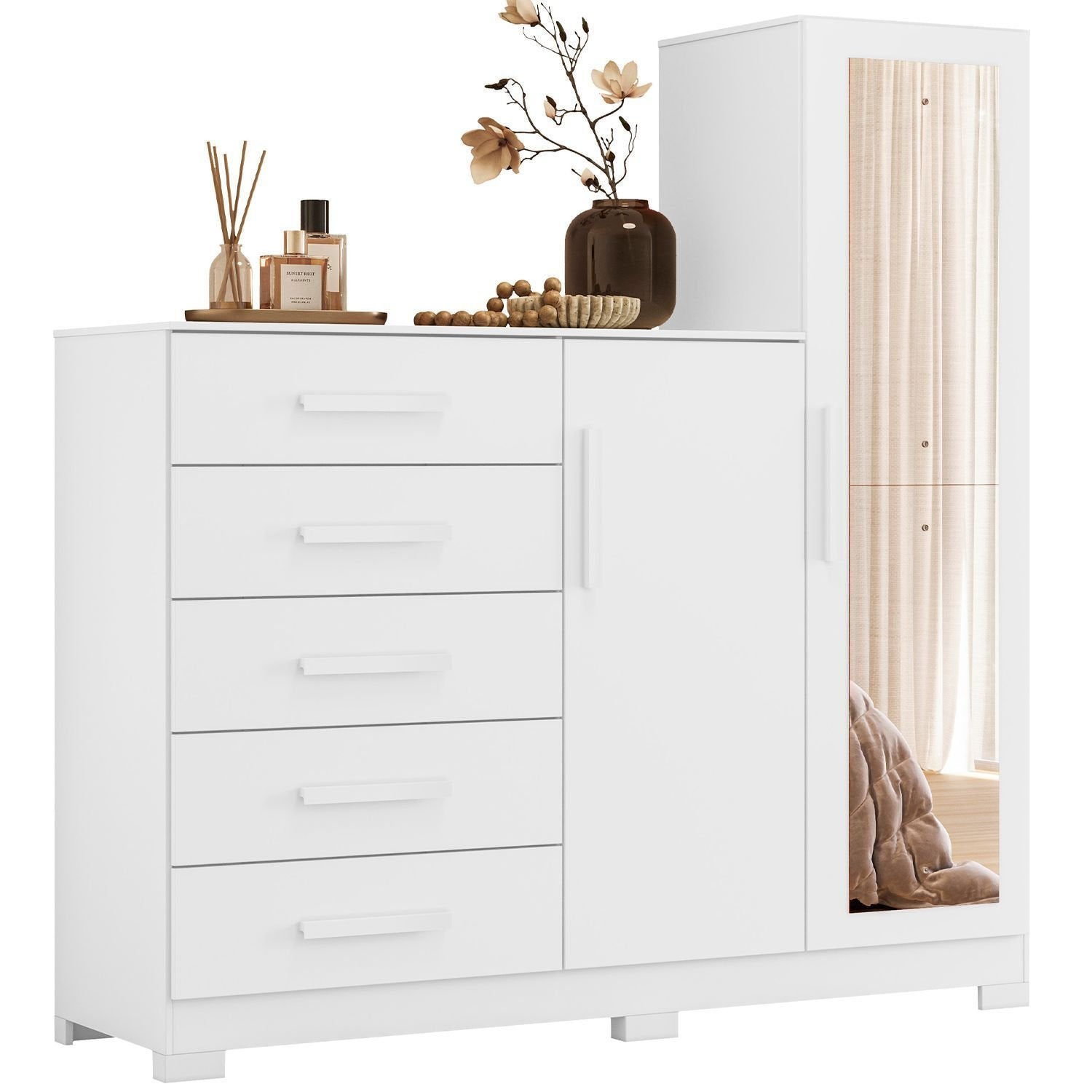 Cômoda para Quarto 5 Gavetas 2 Portas com Espelho New Master Albatroz Móveis Branco