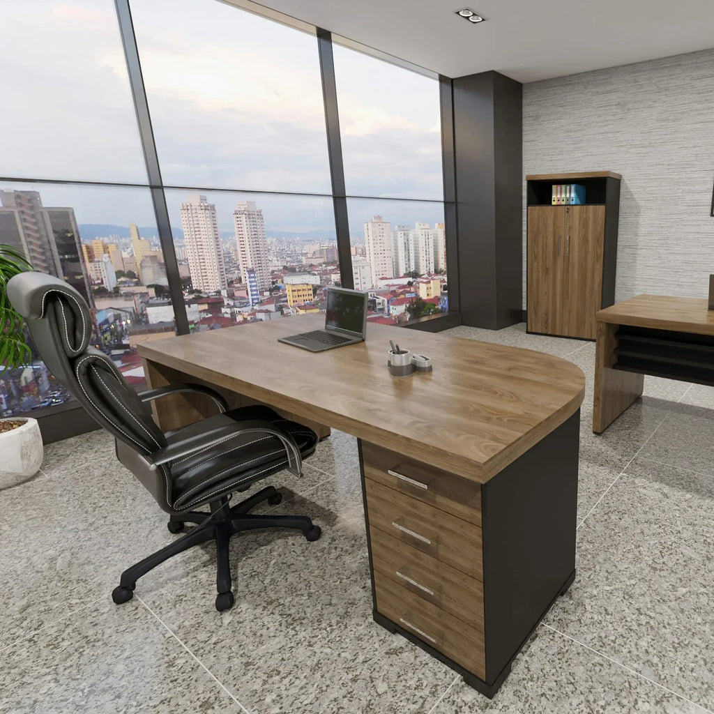 Escrivaninha Mesa Escritório Tamburato 4 Gavetas Lado Direito 180cm Marrom/Charuto/Preto Artany