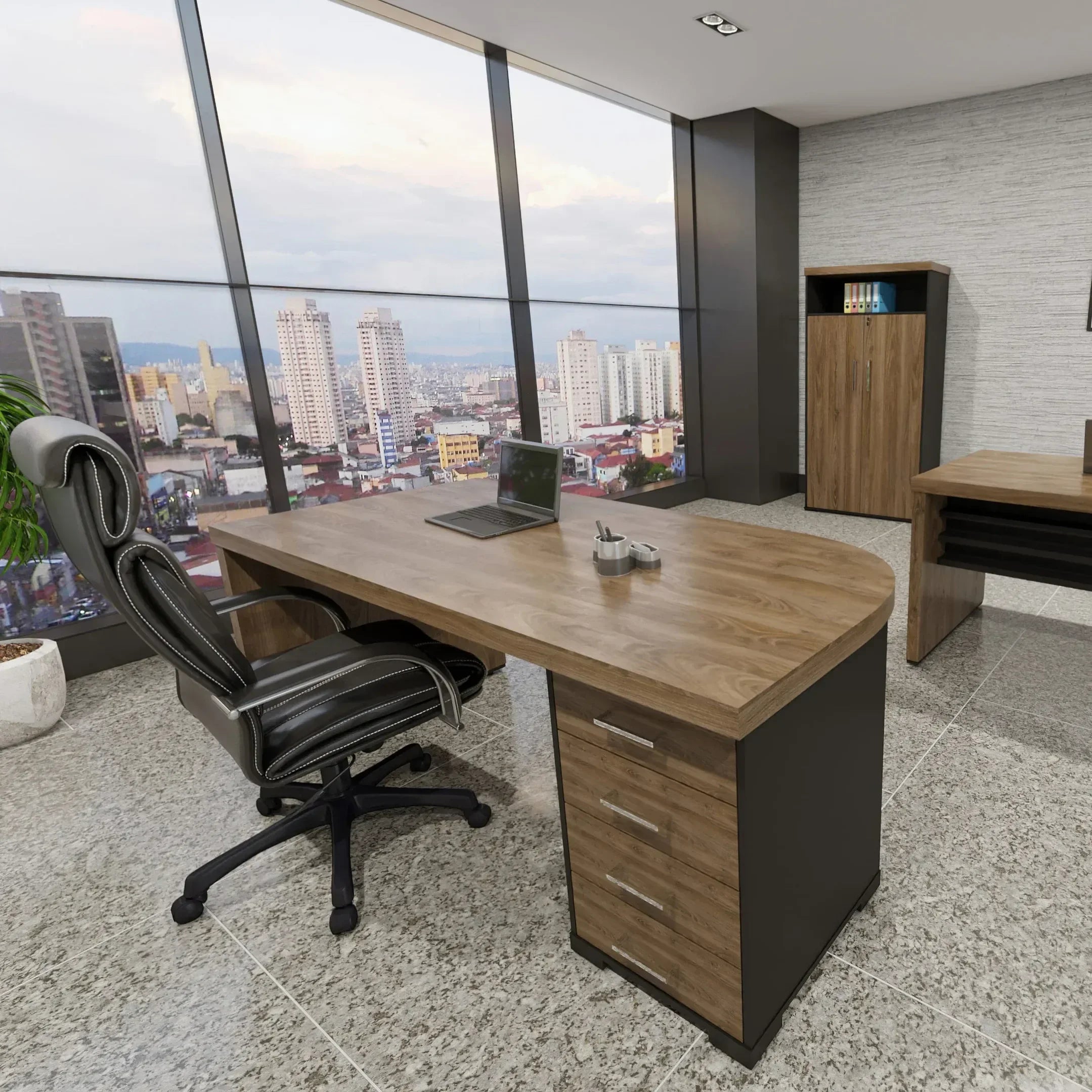 Escrivaninha Mesa Escritório Tamburato 4 Gavetas Lado Direito 180cm Marrom/Charuto/Preto Artany