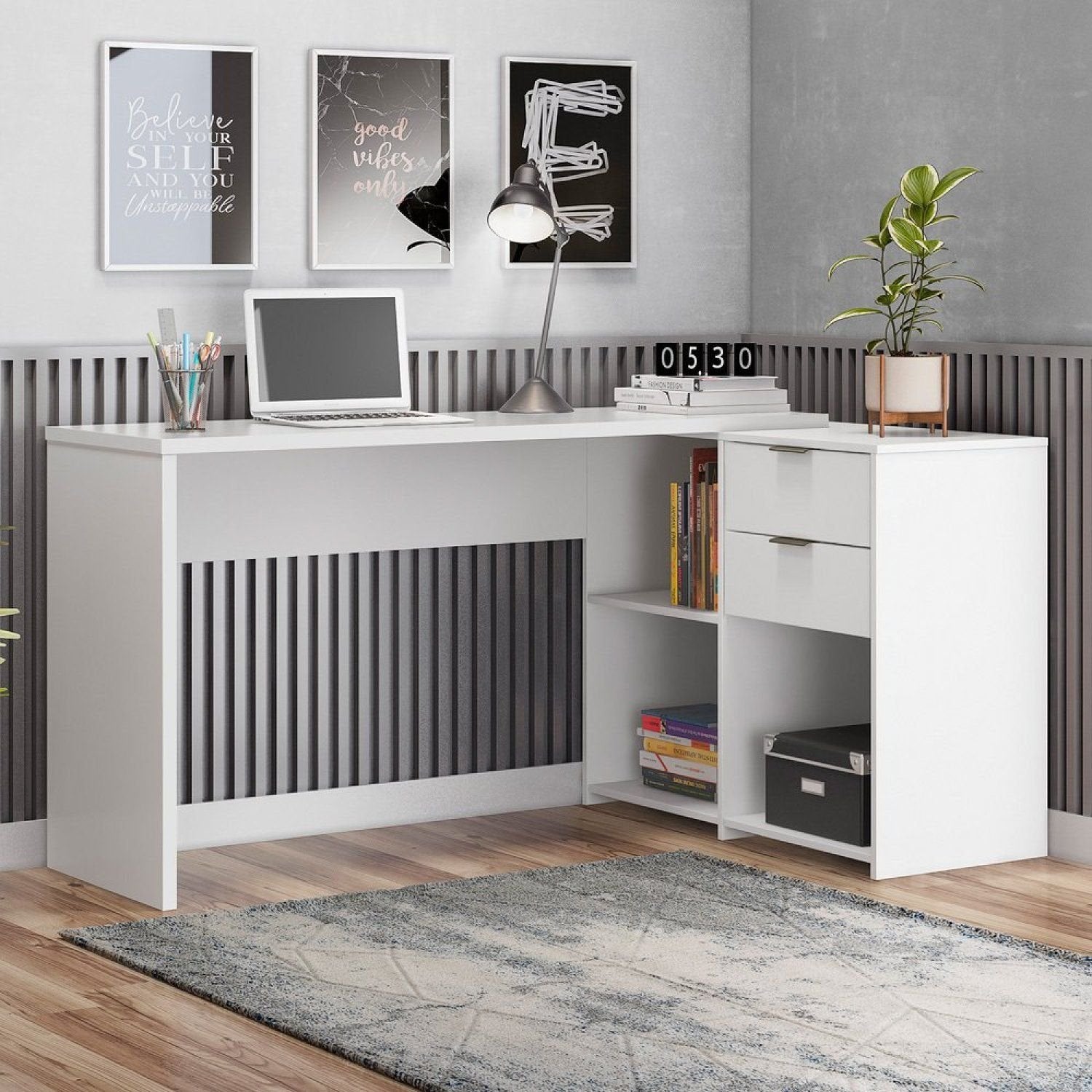 Escrivaninha Mesa Escritório em L Office Nt 2060 2 Gavetas 3 Nichos 148,6cm Branco New