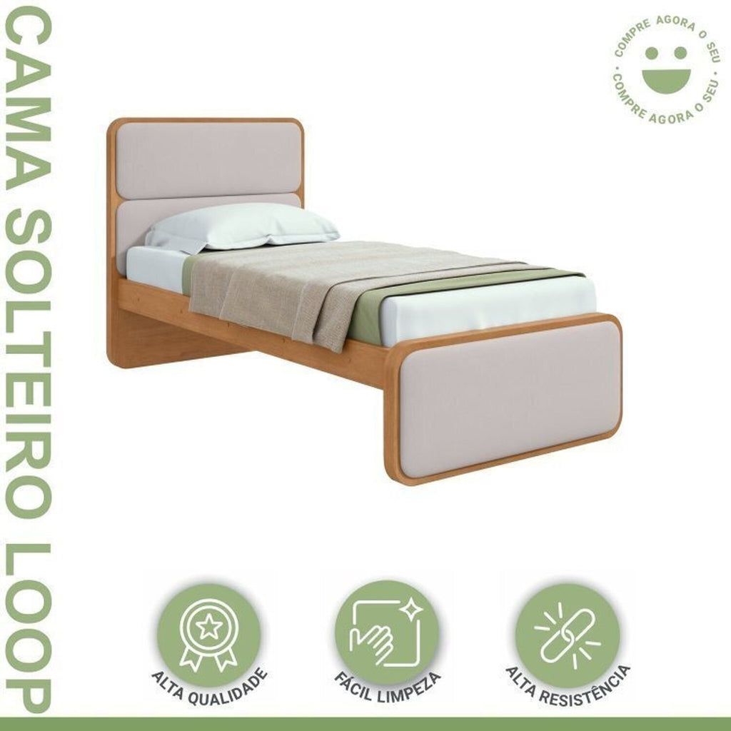 Kit 3 Peças com 2 Camas de Solteiro e Mesa de Cabeceira Loop Bege Amêndoa Clean/Off White Móveis Lopas