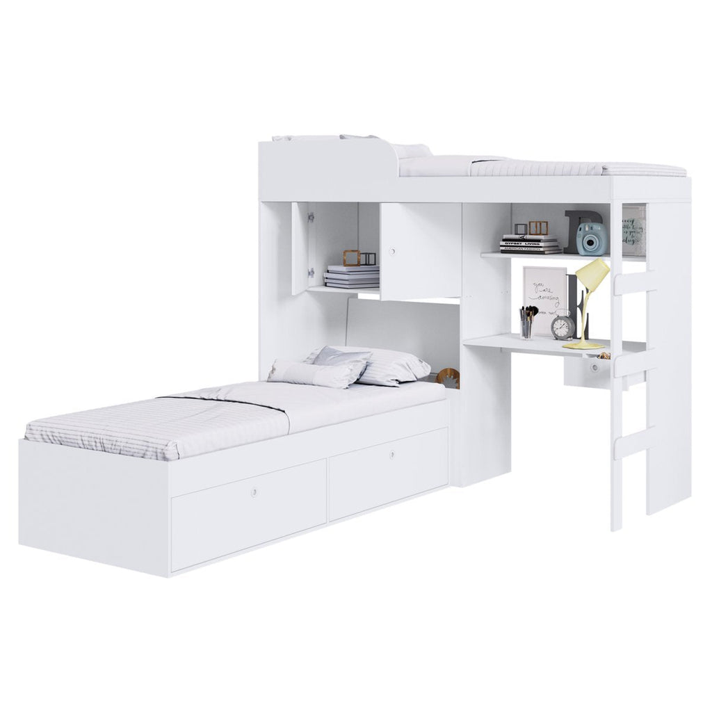 Conjunto Cama de Solteiro com Baú e Cama Alta Lion com Escada e Escrivaninha Branco Cj038 Art In Móveis
