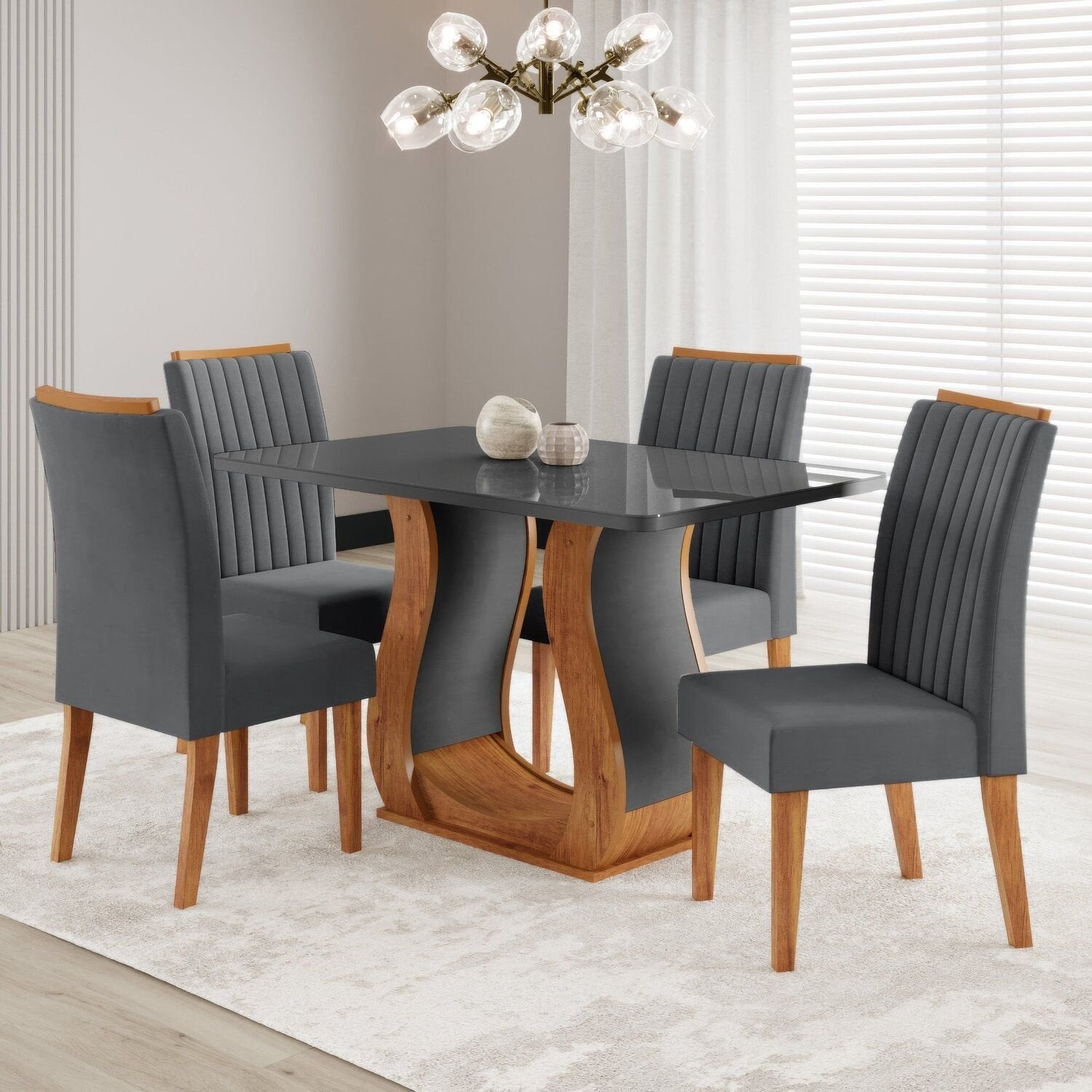 Conjunto Sala de Jantar Inspirare Mesa 120x80cm Tampo com Vidro 4 Cadeiras Yescasa Cinza/Mel
