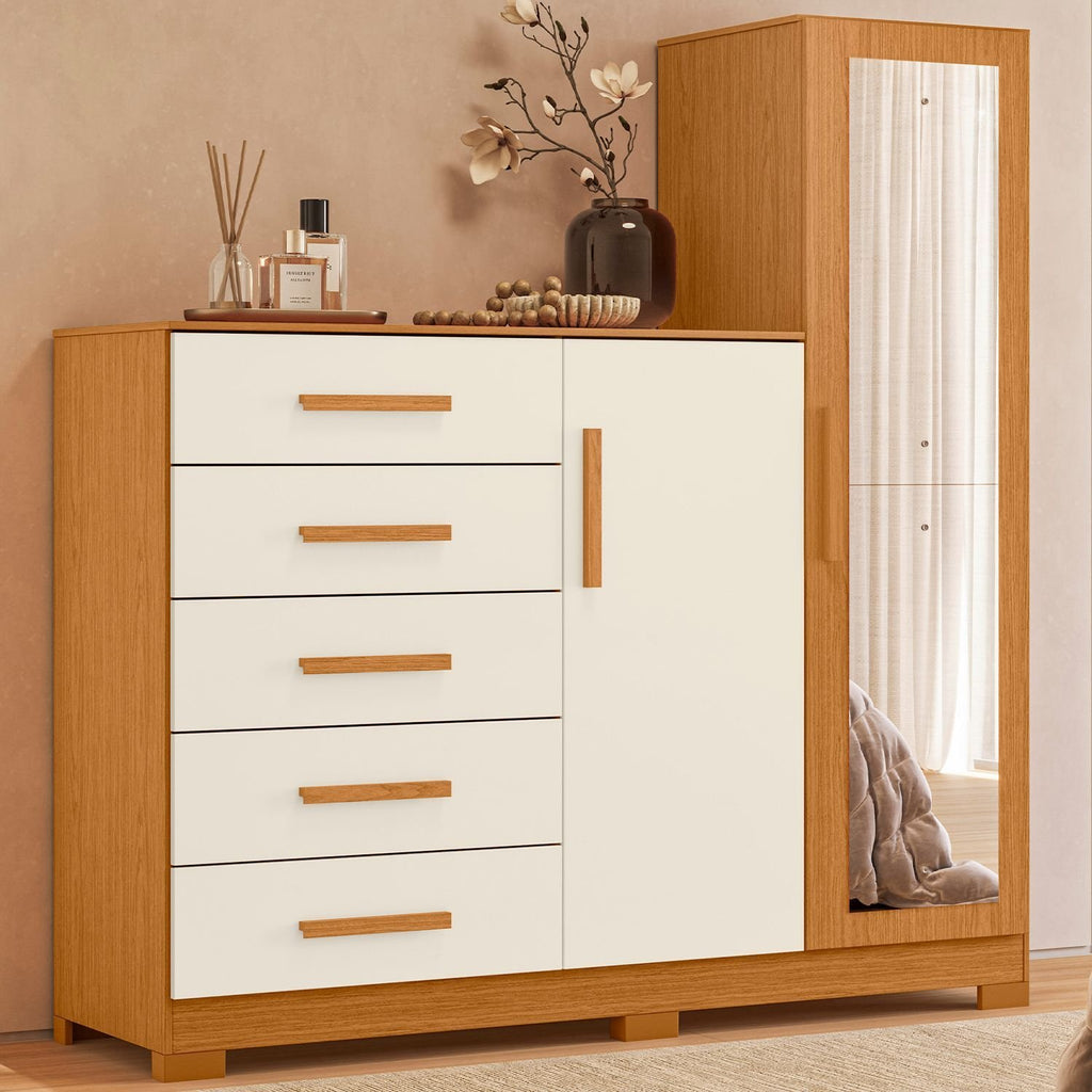 Cômoda para Quarto 5 Gavetas 2 Portas com Espelho New Master Albatroz Móveis Bege/Cinamomo/Off White