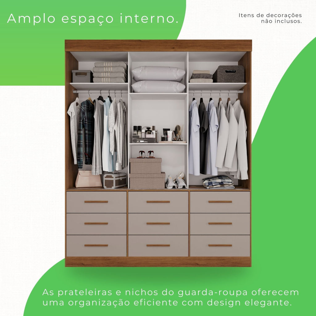 Guarda-Roupa Casal 3 Portas 9 Gavetas Luana Sallêto Móveis Off White/Cinamomo