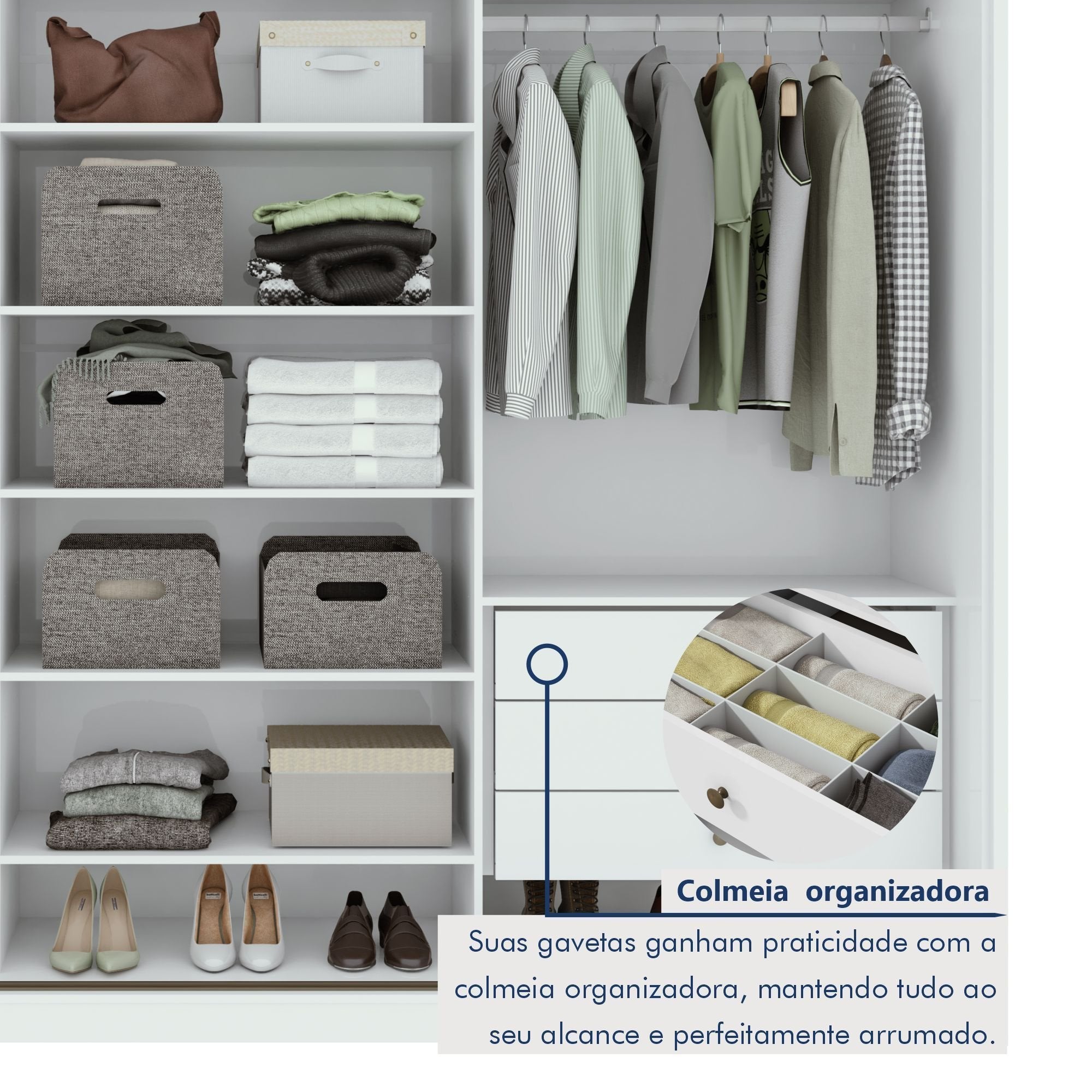 Guarda-Roupa Casal 3 Portas de Correr 6 Gavetas 270cm Spazio Yescasa 100% MDF Branco
