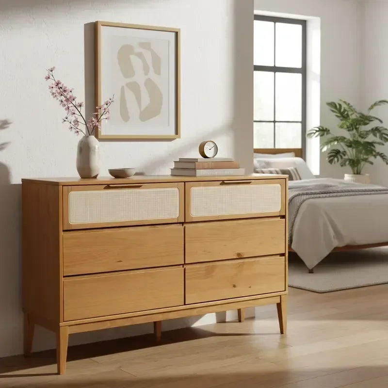 Cômoda 6 Gavetas Madeira Maciça com Telinha Rattan Viena Mel Marrom Artemobili