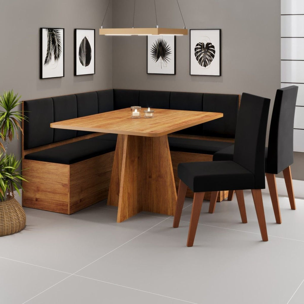 Conjunto Canto Alemão Baú Prestigio com Mesa 120x80cm e 2 Cadeiras Milão Veludo Preto