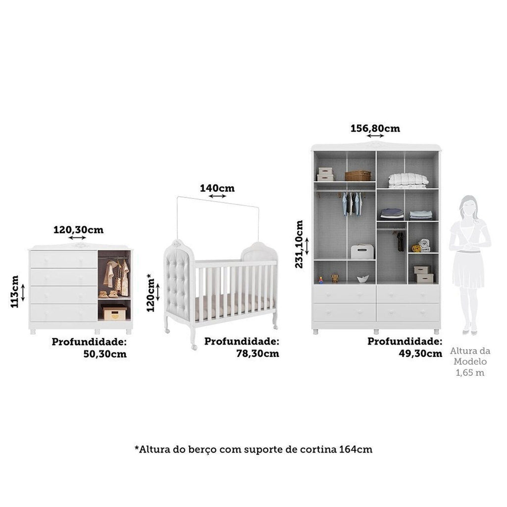 Quarto de Bebê com Guarda-Roupa Cômoda e Berço com Capitonê Maya Provençal 100% MDF Yescasa Branco/B