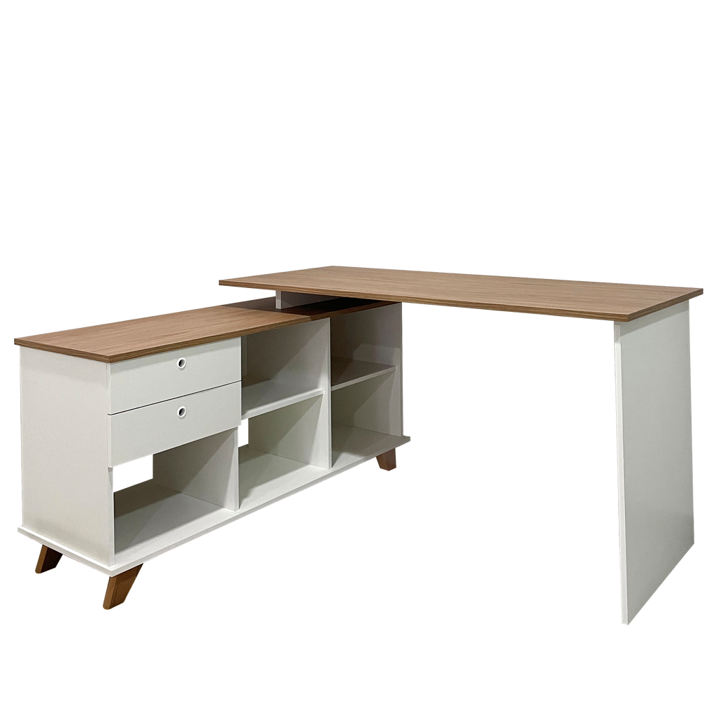Escrivaninha Retrô em L Mesa Escritório e Home Office 2 Gavetas 5 Nichos 145cm Artany