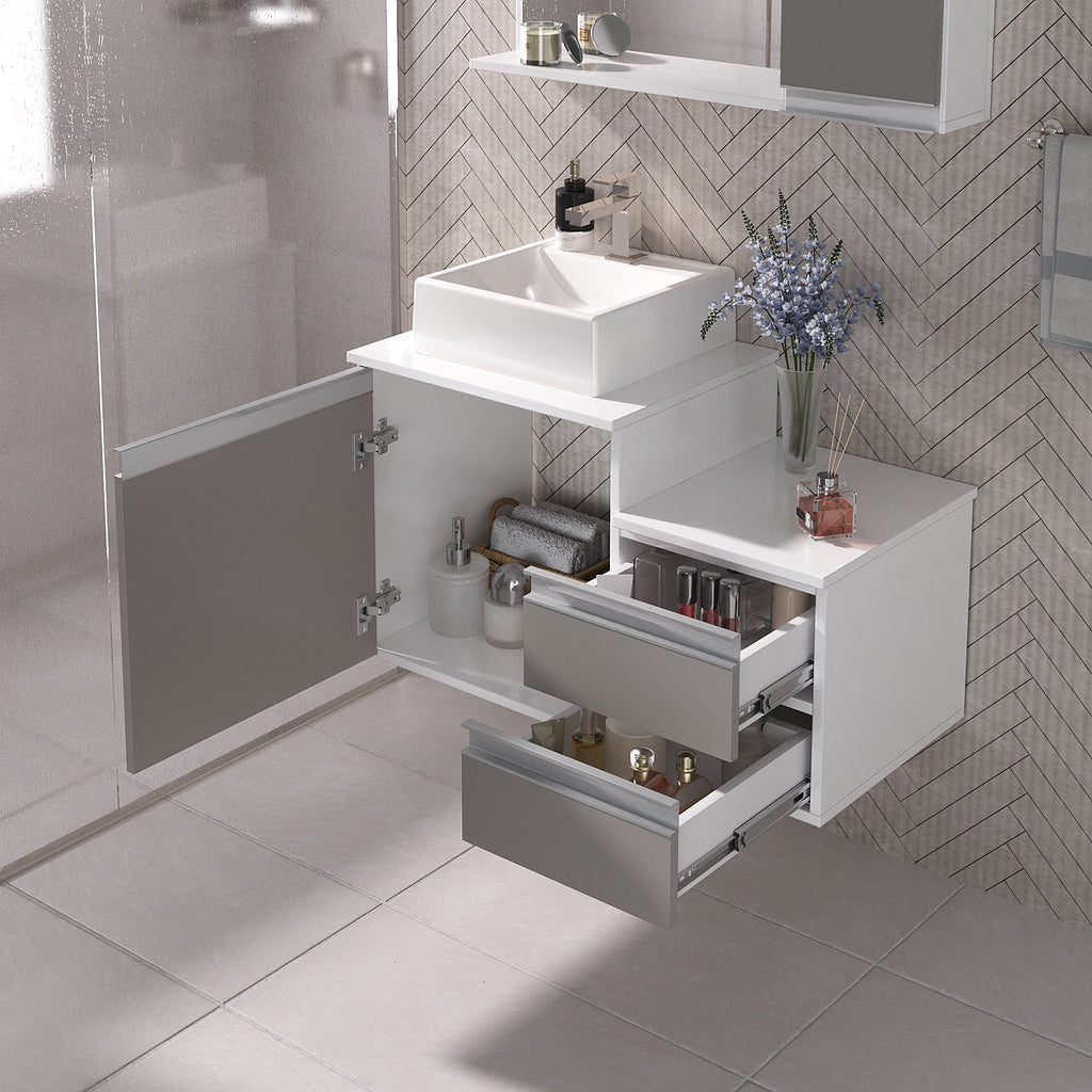 Kit Gabinete para Banheiro Completo Móveis Joia Cross 80cm Cuba Espelheira Branco