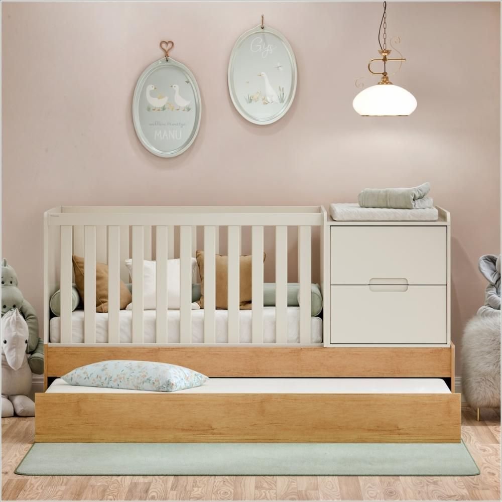 Berço Laqueado 100% MDF Formare com Gavetas e Nicho Off White/Freijó 61510 Matic