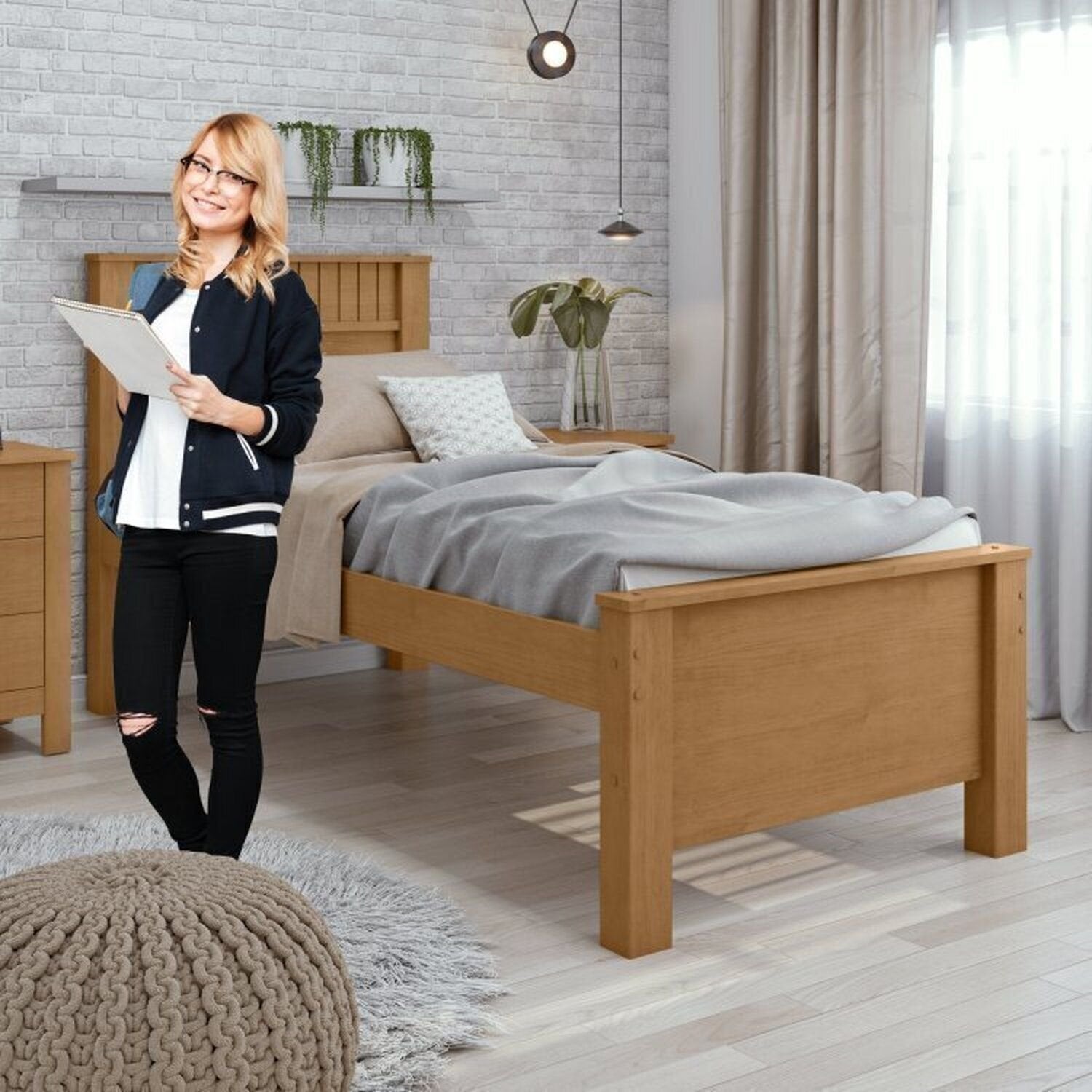 Kit Quarto Infantil 3 Peças com 2 Camas Solteiro e Mesa de Cabeceira Athenas Maggiore Amêndoa Clean