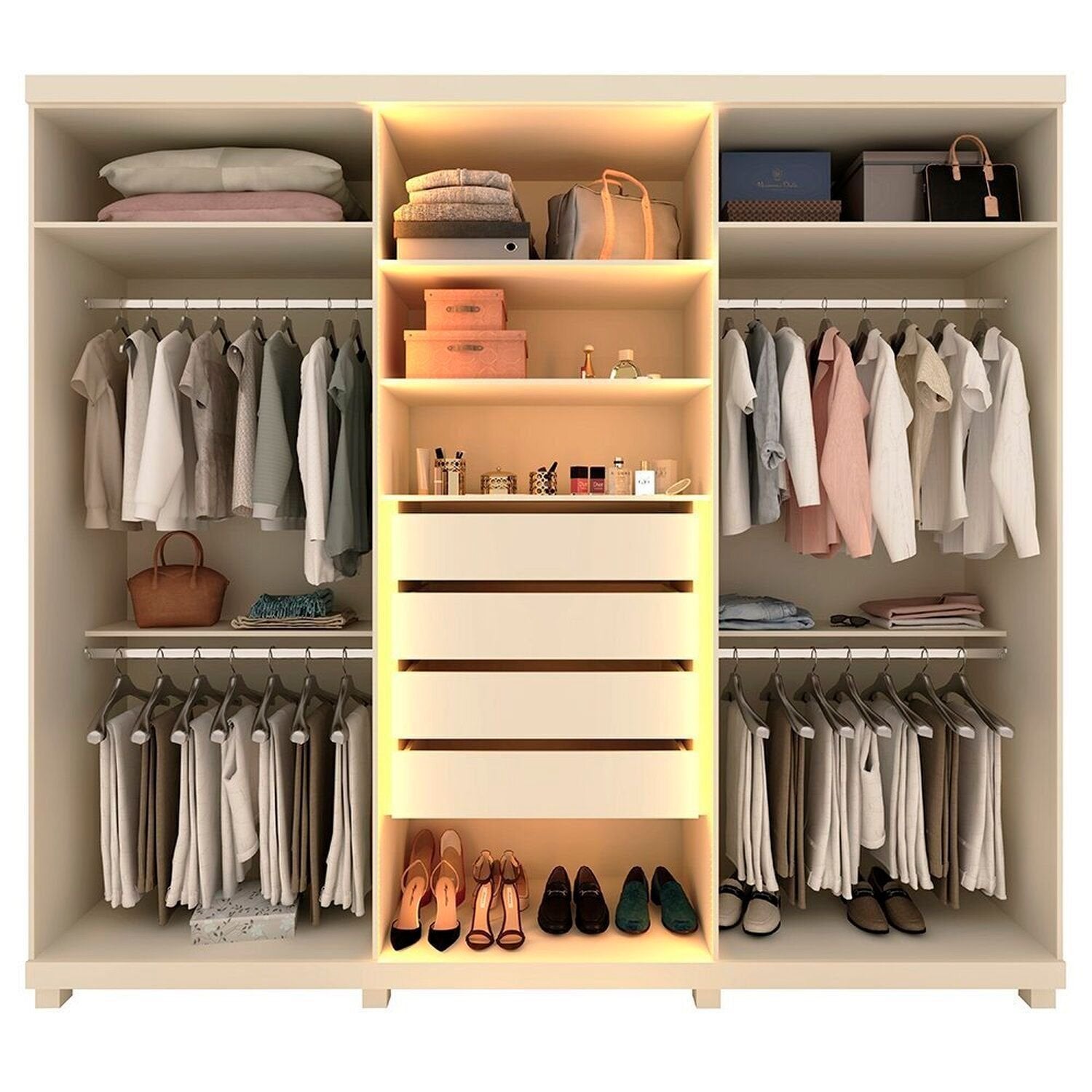 Guarda-Roupa Casal 6 Portas com Pés e LED Absolut New Reflecta Gelius Móveis 100% MDF Off White