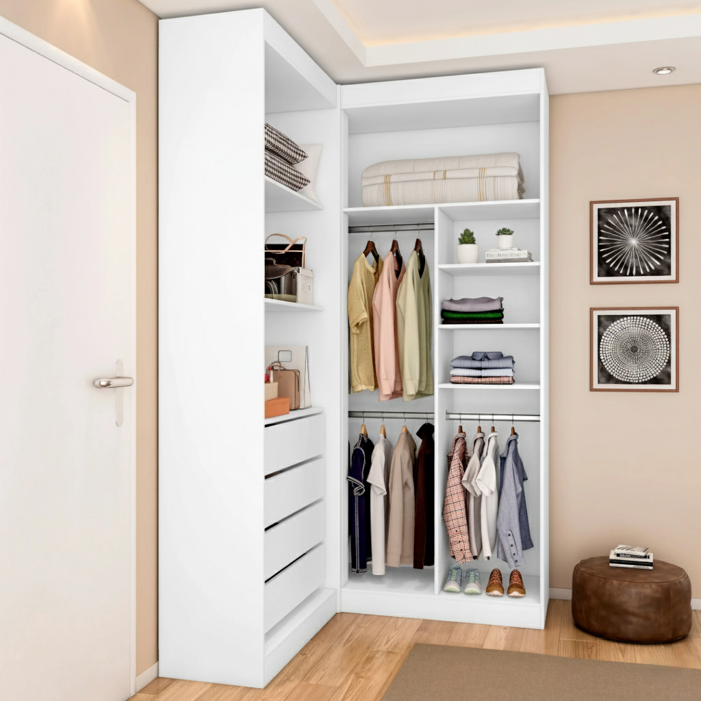 Guarda-Roupa Casal Canto 4 Portas 4 Gavetas Versatille Yescasa 100% MDP Branco