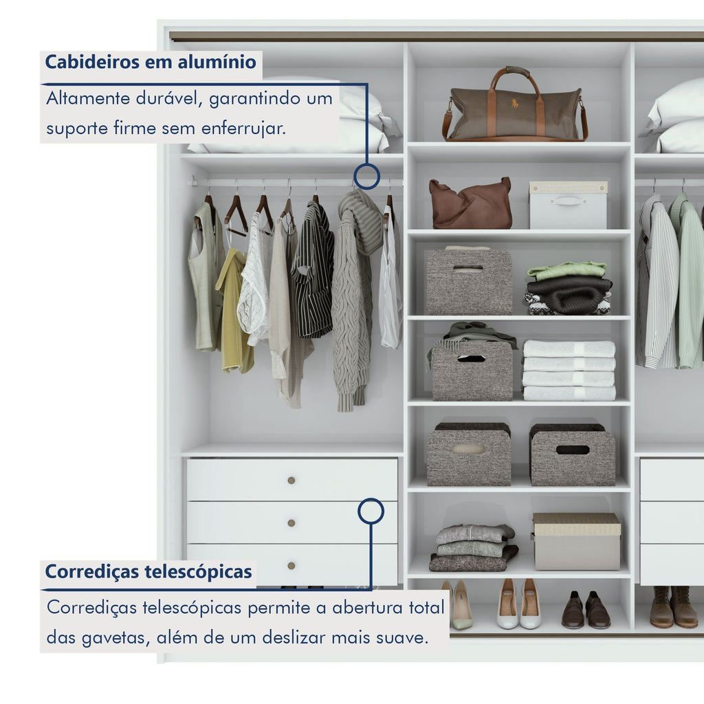 Guarda-Roupa Casal 3 Portas de Correr 6 Gavetas 270cm Spazio Yescasa 100% MDF Branco