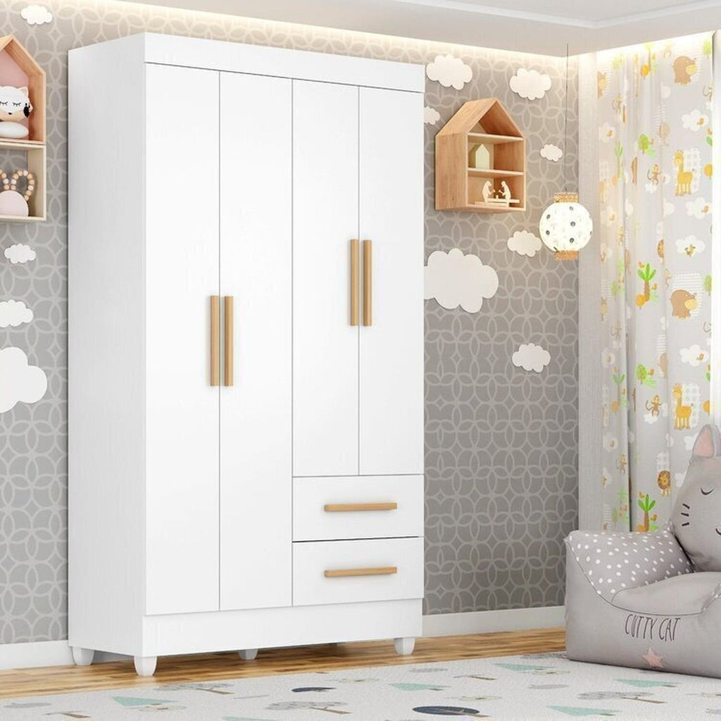 Quarto Bebê Infantil com Guarda-Roupa 4 Portas e 2 Gavetas com Cômoda 4 Gavetas e 1 Porta Aconchego Móveis Leão Branco