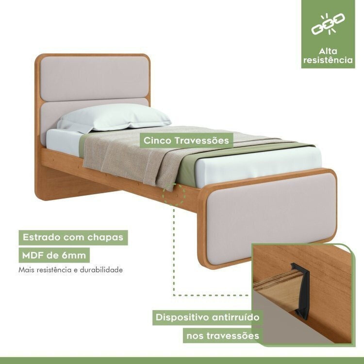 Kit 2 Camas de Solteiro Infantil com Cabeceira Estofada Corino Loop Móveis Lopas