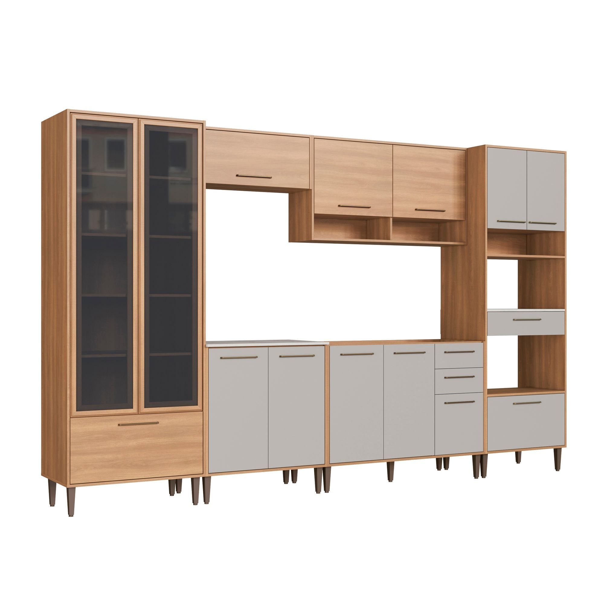 Cozinha Modulada Completa 6 Peças Cristaleira 12 Portas 3 Gavetas Jade Marrom/Freijó/Arenas Delmarco Móveis