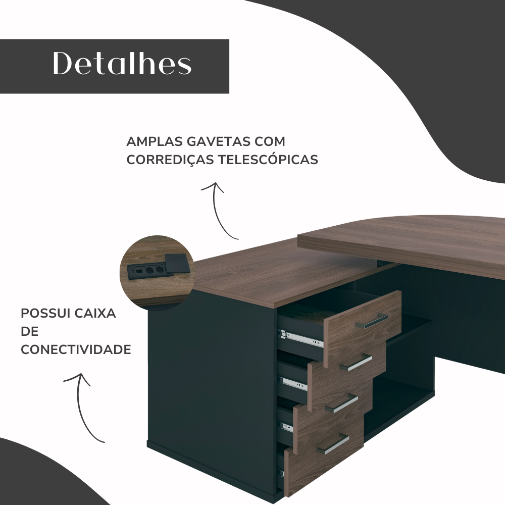 Escrivaninha Mesa Escritório Presidente Tamburato 4 Gavetas 2 Portas 258,2cm Charuto e Preto Artany