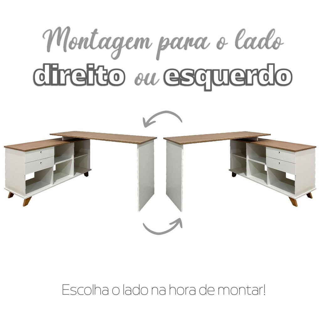 Escrivaninha Retrô em L Mesa Escritório e Home Office 2 Gavetas 5 Nichos 145cm Artany