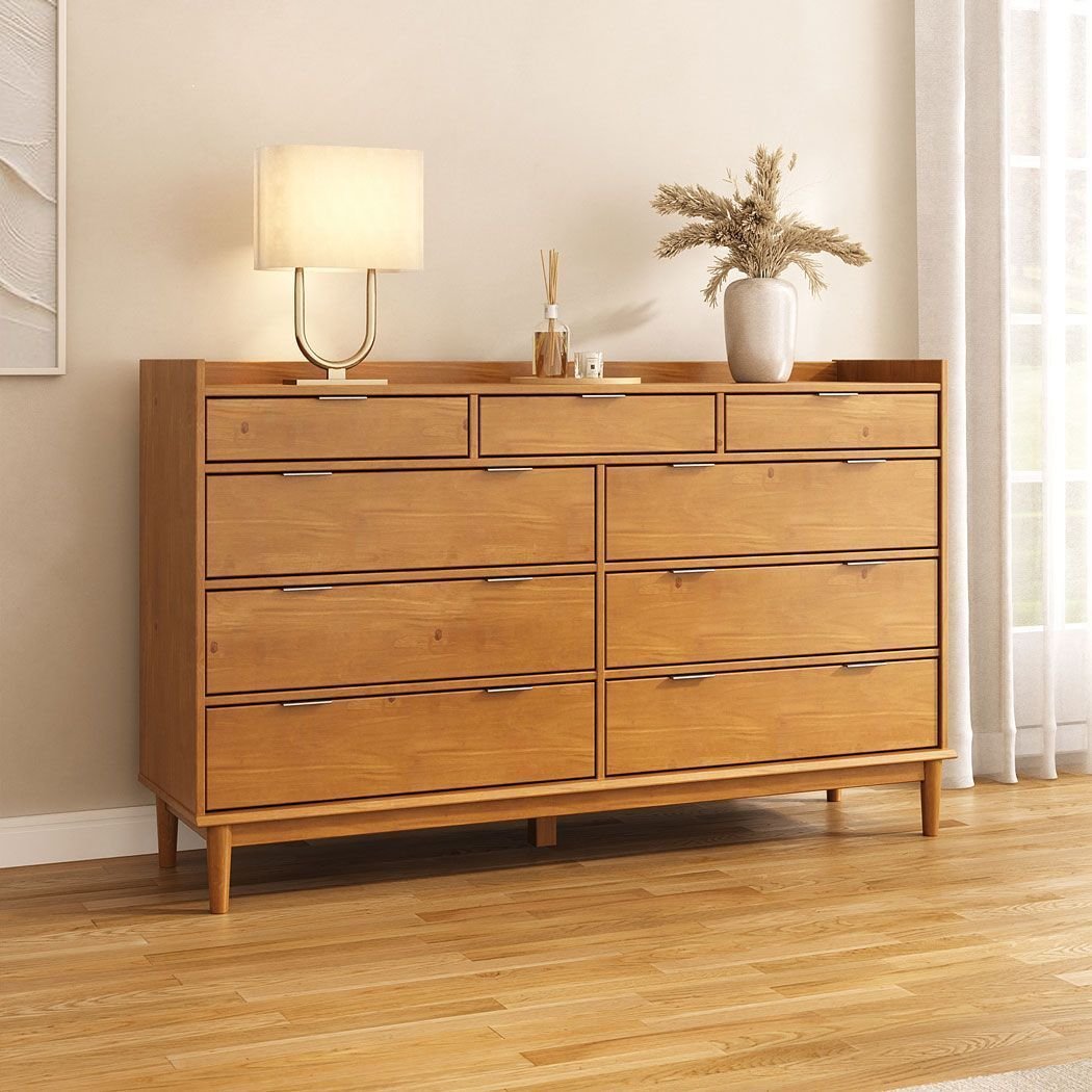 Cômoda Grande para Quarto Casal 9 Gavetas Madeira Maciça Mel Lice Idimex