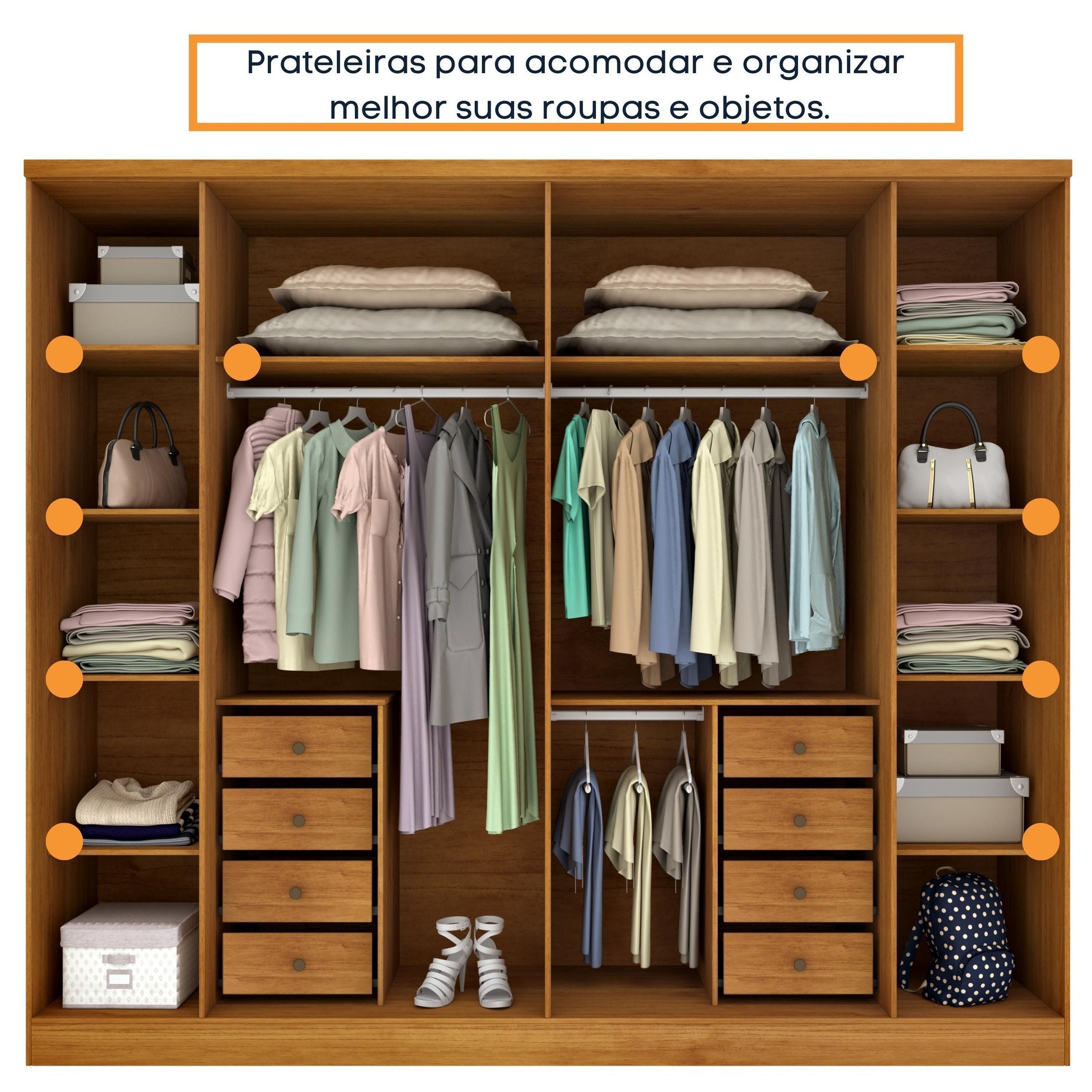 Guarda-Roupa Casal 6 Portas 8 Gavetas Portugal Yescasa 100% MDP/MDF Marrom/Cinamomo/Off White