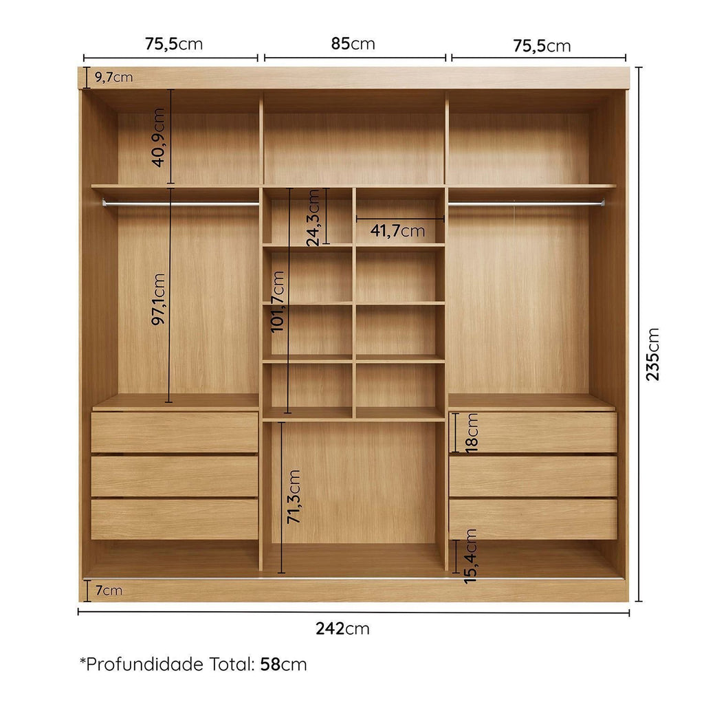 Guarda-Roupa Casal 3 Portas de Correr Samambaia CabeCasa MadeiraOriginals 100% MDP/MDF Carvalho