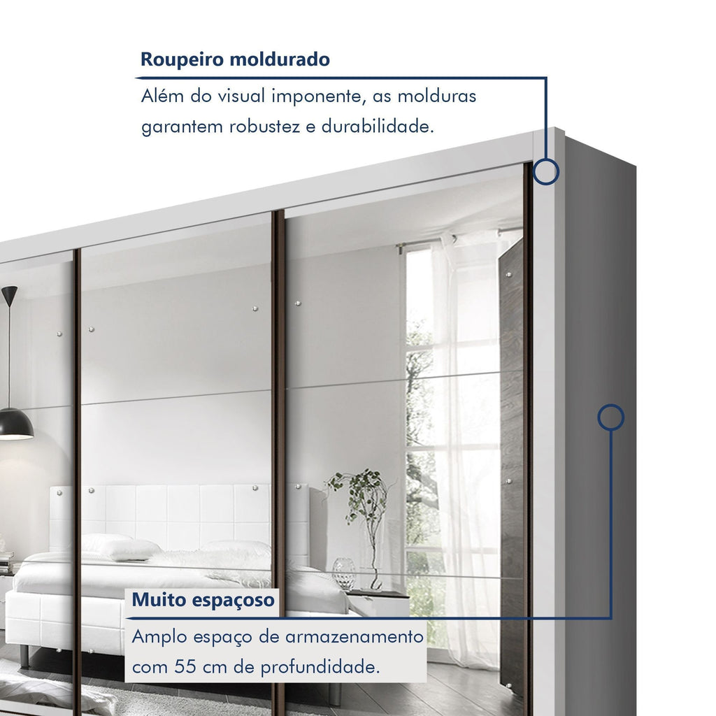 Guarda-Roupa Casal 3 Portas 6 Gavetas com Espelho Premium Lux Yescasa MDP Branco 242cm