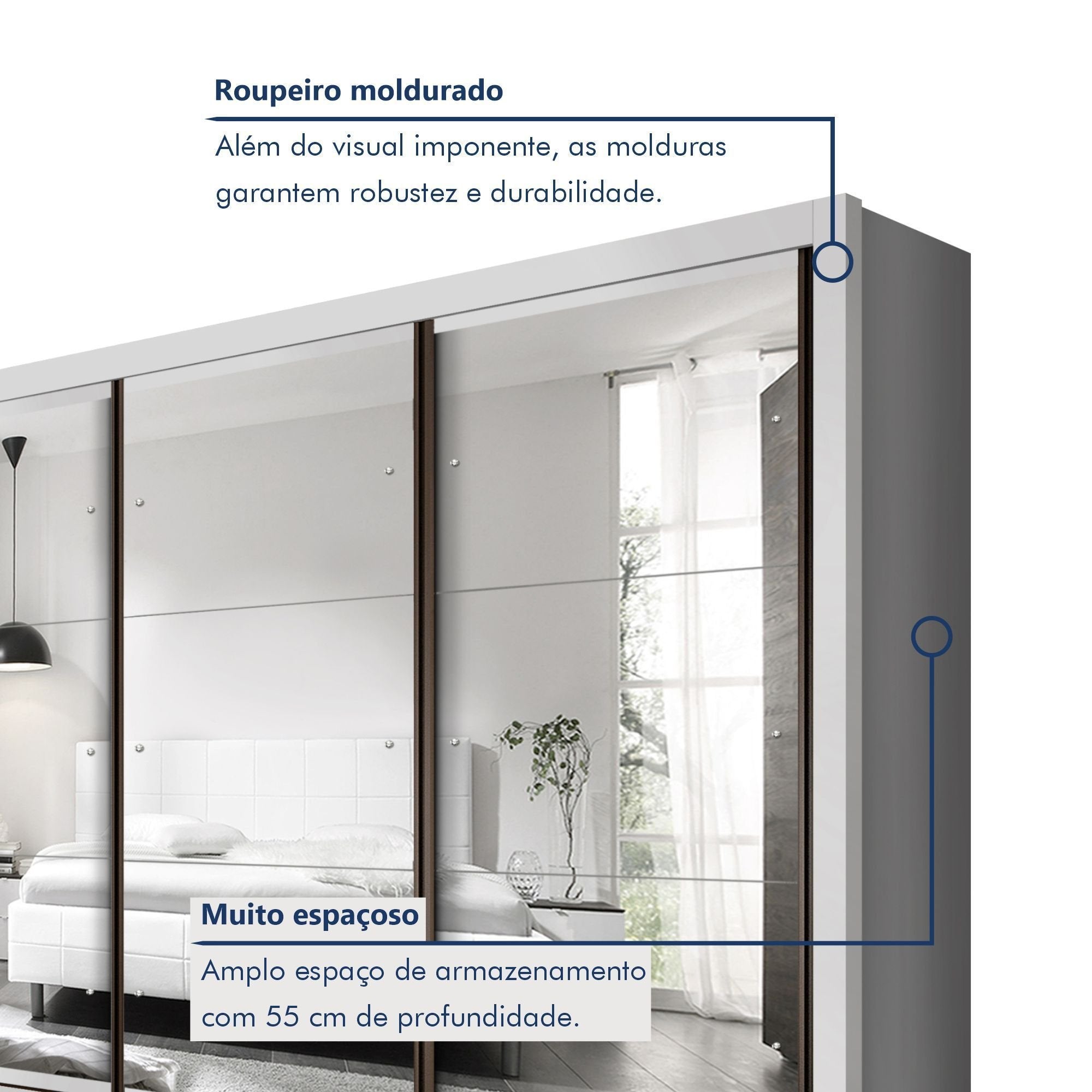 Guarda-Roupa Casal 3 Portas 6 Gavetas com Espelho Premium Lux Yescasa MDP Branco 242cm