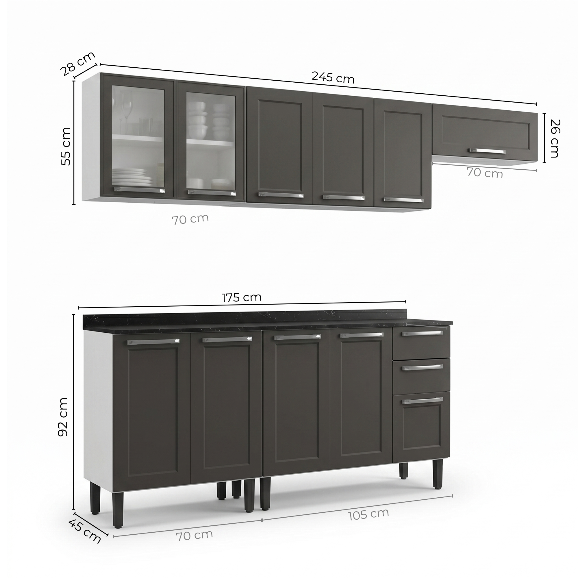 Cozinha Modulada em Aço Florença Itatiaia 5 Peças 11 Portas 2 de Vidro 2 Gavetas Cinza/Branco/Grafite