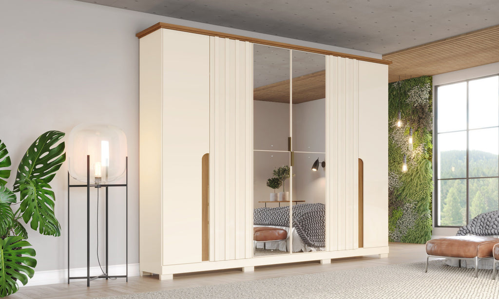 Guarda-Roupa Casal 6 Portas 6 Gavetas com Espelho Napoli Henn MDP Bege/Off White/Nature