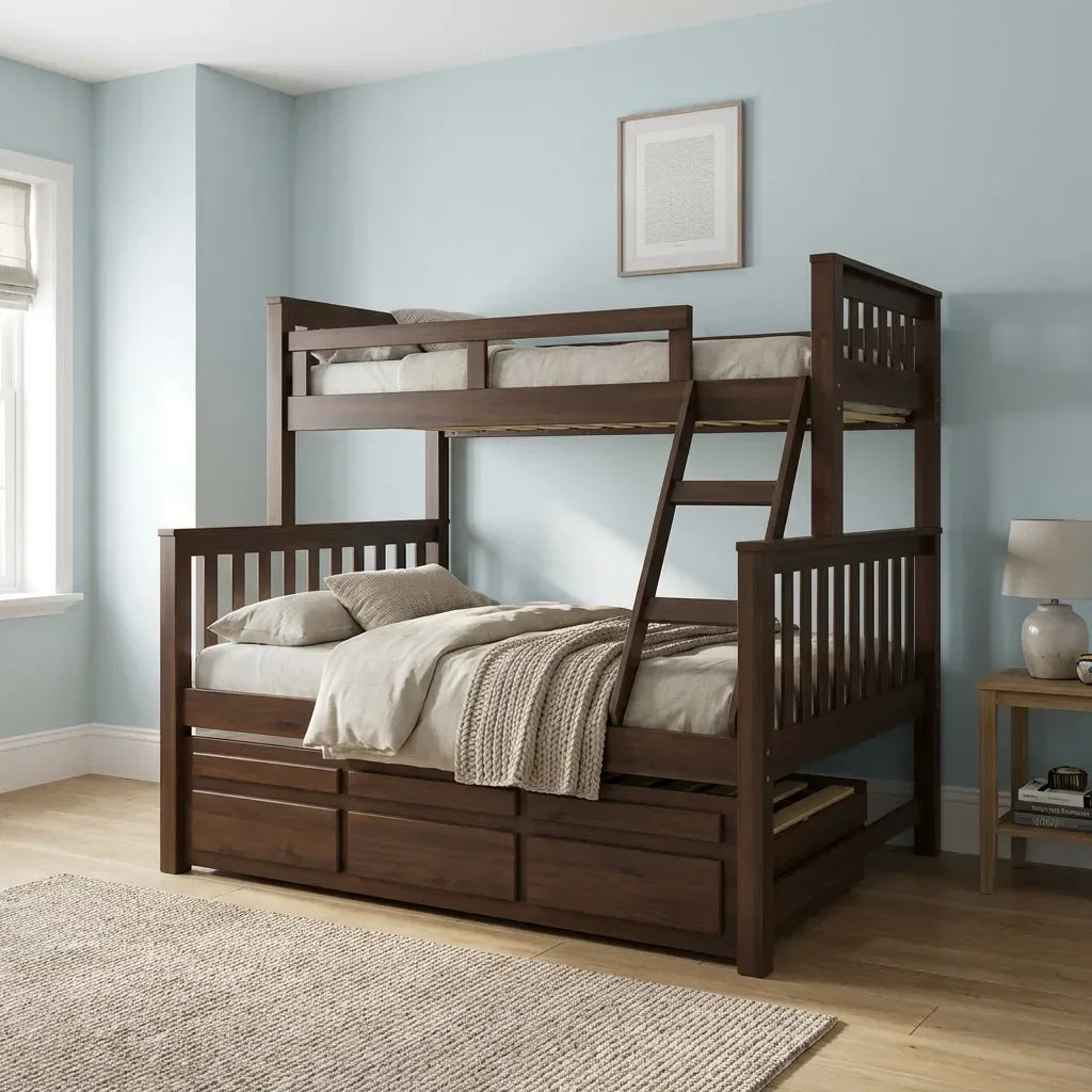 Triliche Cama Casal Madeira Maciça Pinus com Cama Auxiliar e 3 Gavetas Móveis Saraiva Castanho Claro