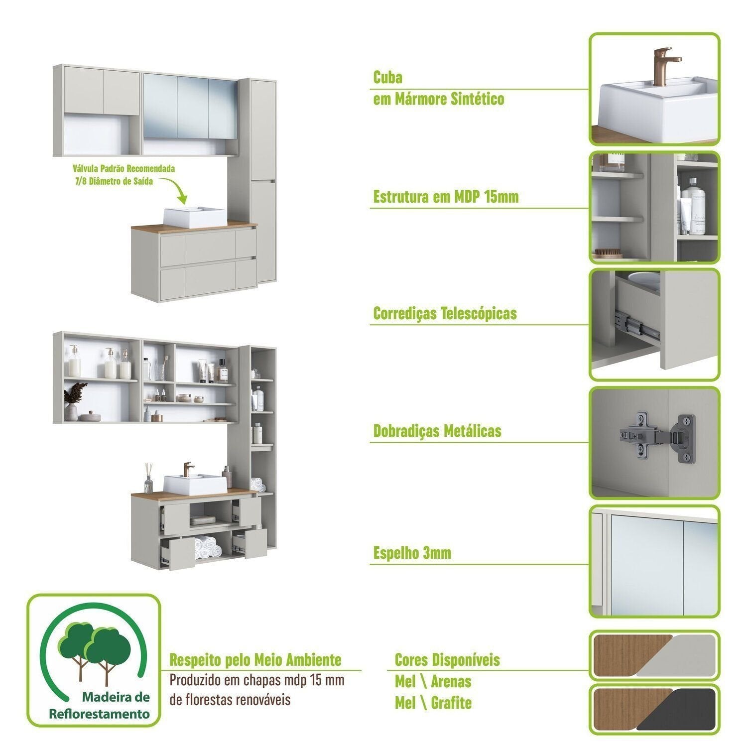 Conjunto para Banheiro Modulado 176cm 4 Peças Gabinete Suspenso com Cuba Berlin Art in Móveis Arenas