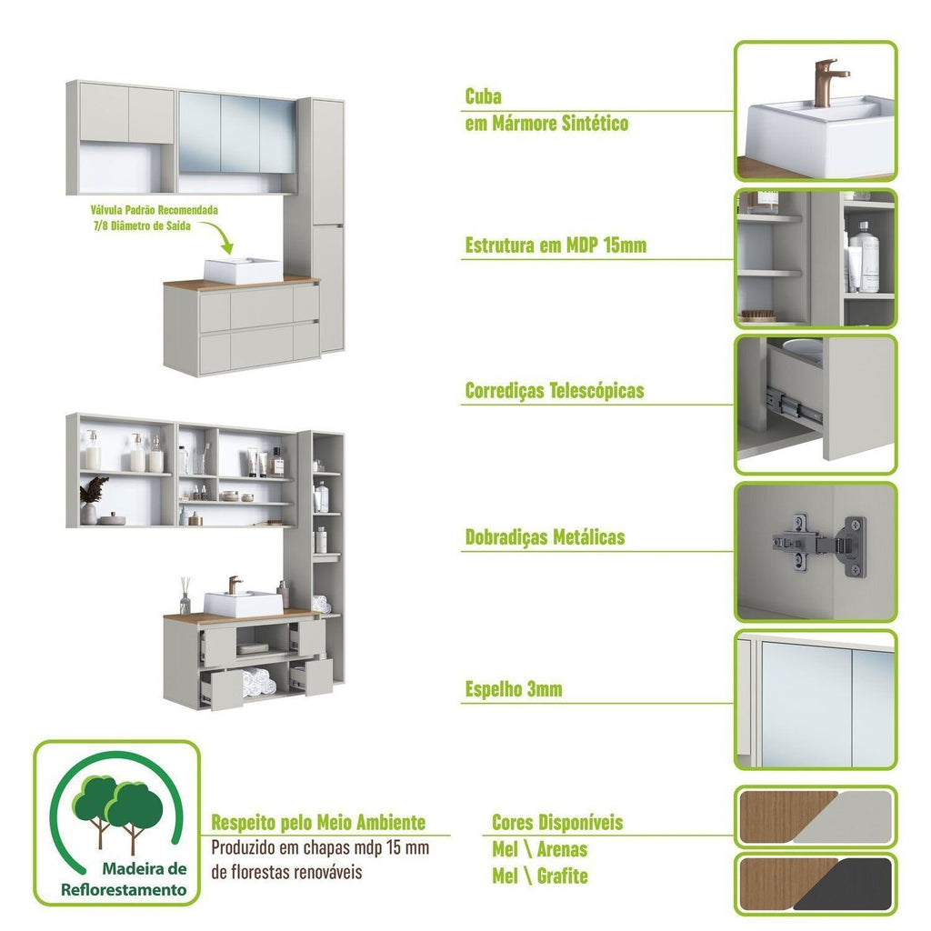 Conjunto para Banheiro Art in Móveis Berlin Modulado 176cm 4 Peças Cuba e Gabinete Suspenso Arenas