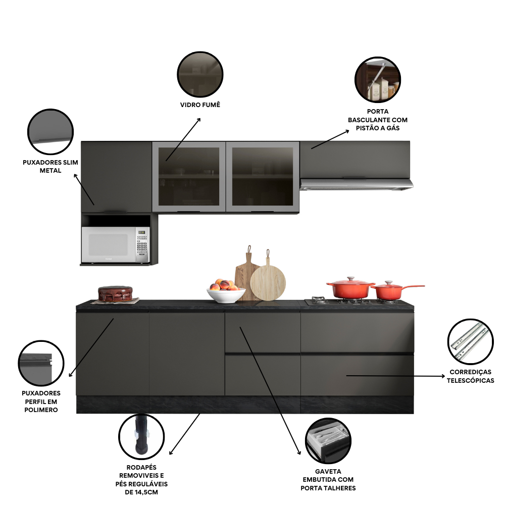 Cozinha Modulada Completa 7 Peças 7 Portas 4 Gavetas com Nicho para Micro-Ondas e Balcão com Tampo Etna Poliman Móveis Grafite Cinza