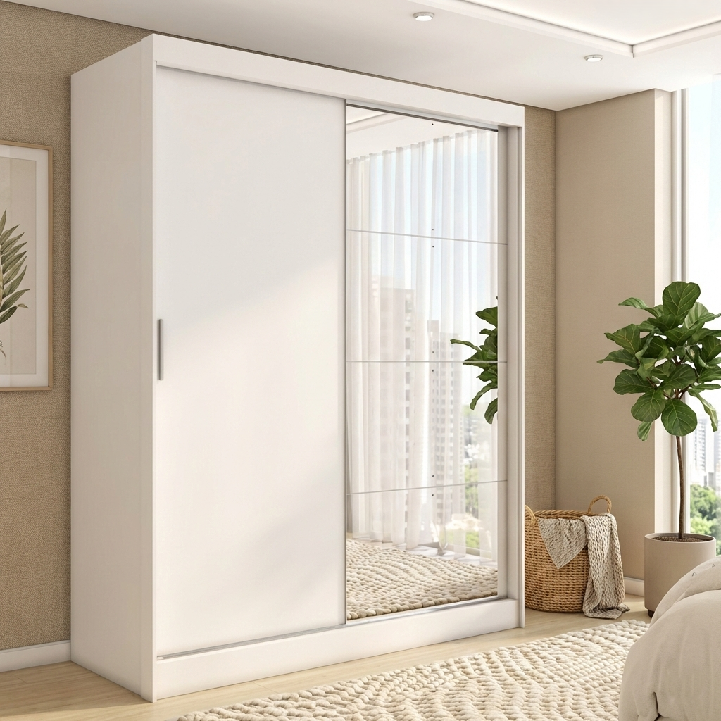 Guarda-Roupa Casal com Espelho Demóbile London 2 Portas de Correr 4 Gavetas 100% MDF Branco