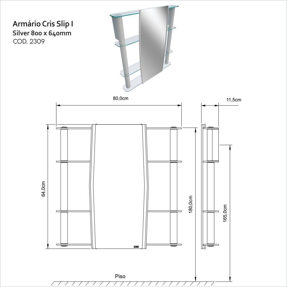 Espelheira Slip I Sobrepor Cris Metal Plus 1 Porta 80cm Prata