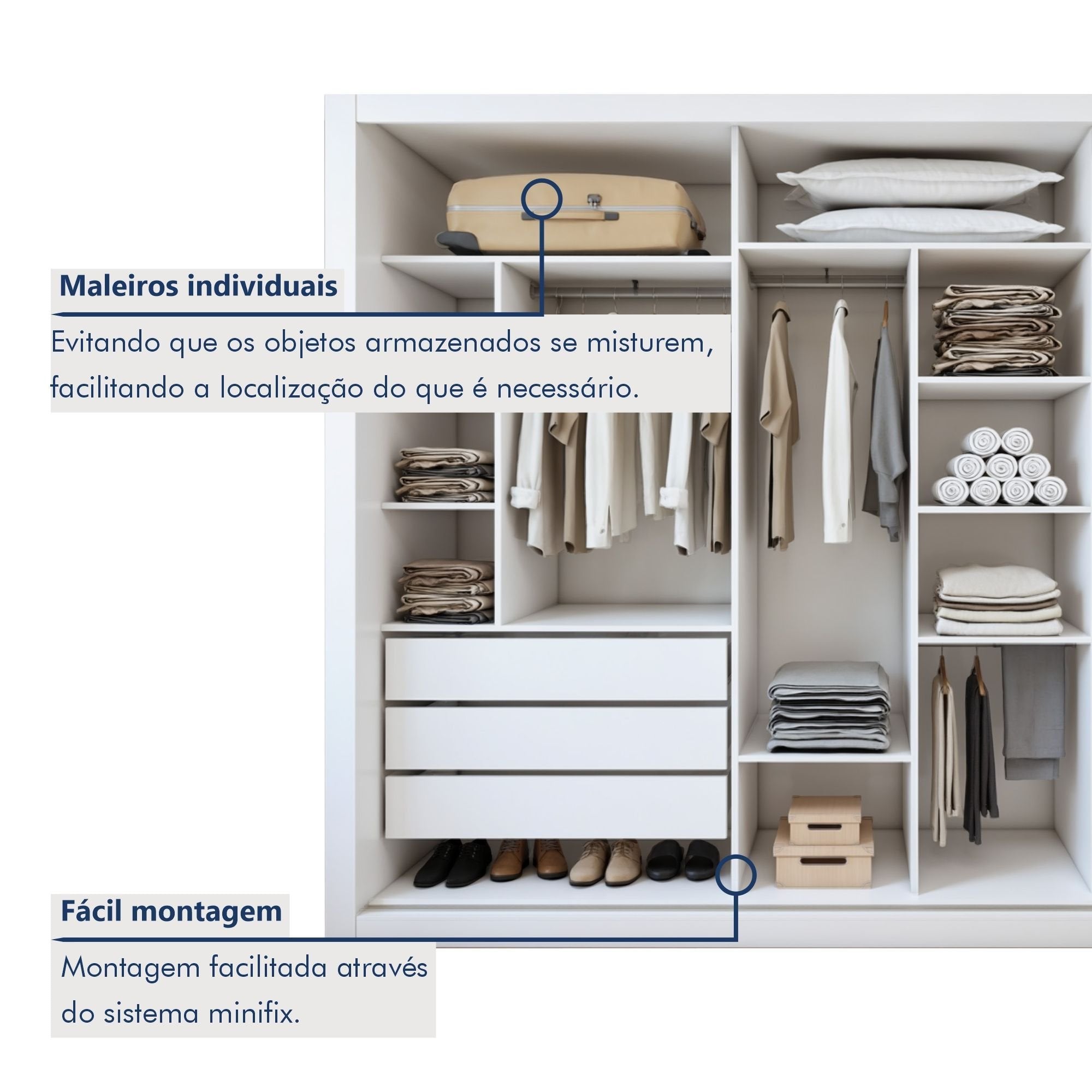 Guarda-Roupa Casal 3 Portas de Correr 6 Gavetas Liv Yescasa 100% MDP Branco