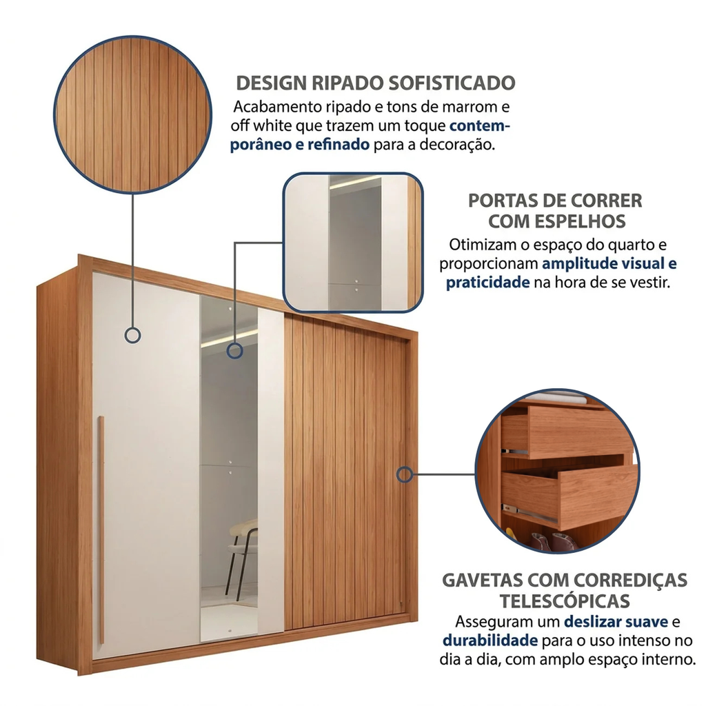 Guarda-Roupa Casal 2 Portas de Correr Ripado com Espelho Suburban Espresso Móveis MDF Freijó/Off White