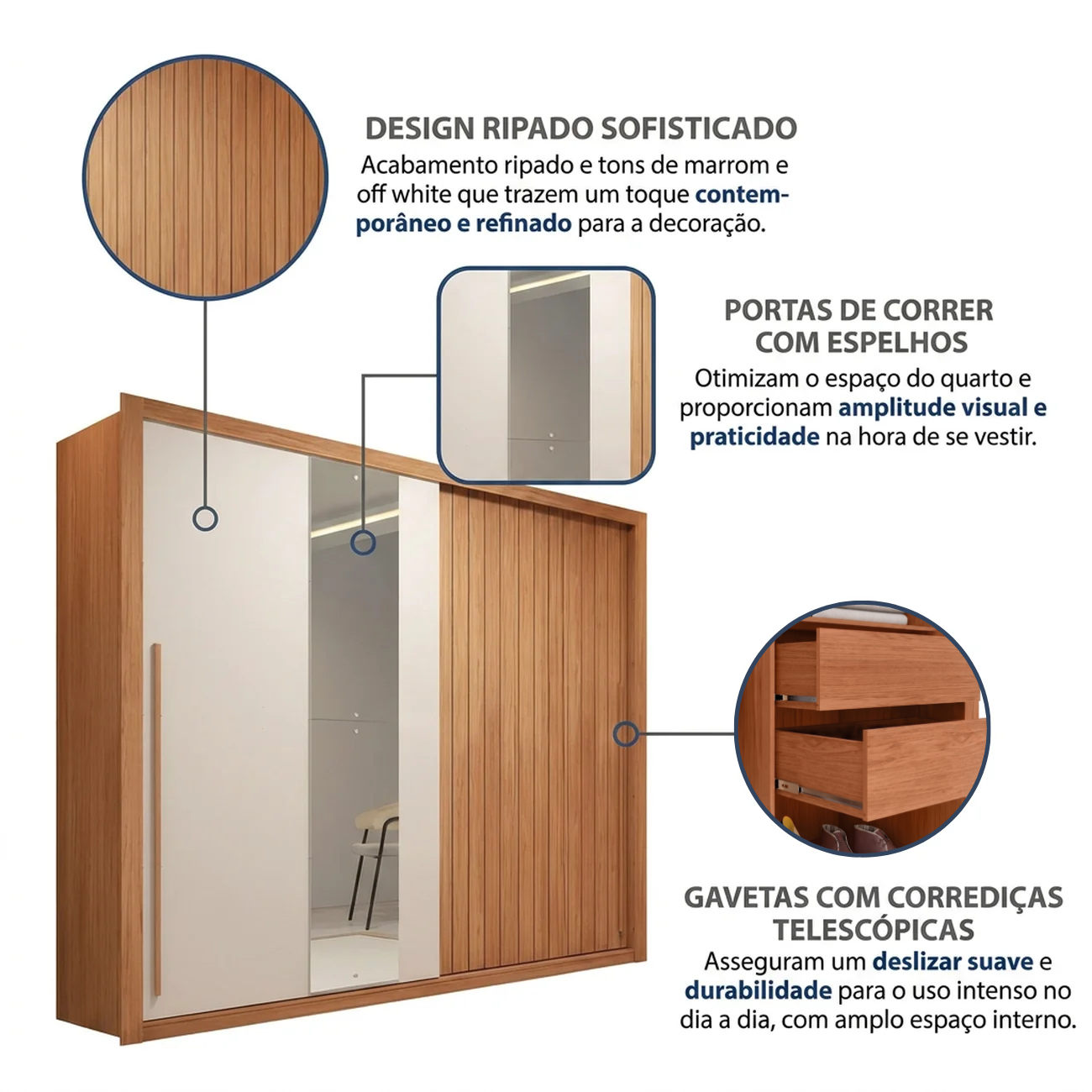 Guarda-Roupa Casal 2 Portas de Correr Ripado com Espelho Suburban Espresso Móveis MDF Freijó/Off White