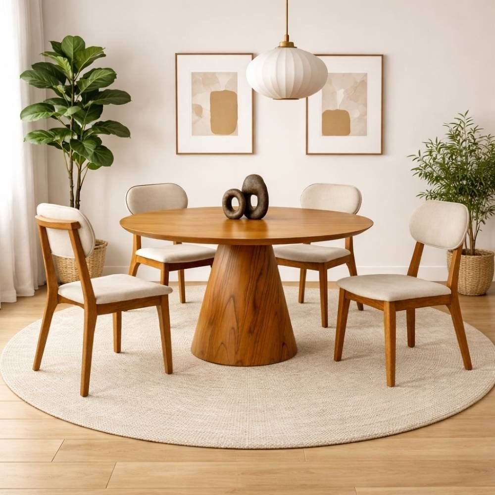 Conjunto Sala de Jantar Marrocos Mesa Redonda 1,2m e 4 Cadeiras Madeira Maciça Móveis Mundial